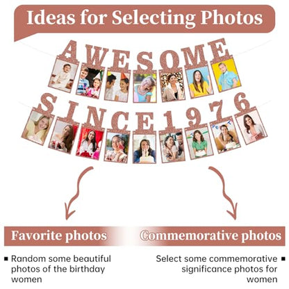 Pre-strung Awesome Since 1976 Photo Banner Birthday Decorations for Women- Pink Rose Gold Glitter 50th Birthday and Anniversary Decorations Party Supplies - style: Pink Rose Gold 50th