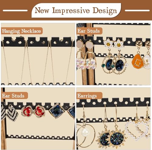 Emfogo 360 Earring Holder Organizer, Rustic Wood Earring Stand, Rotating Wooden Display, 4 Tiers Earring Organizer Stand for Stud Earrings, Hoop Earrings & Necklaces, Women Gifts - color: Brown