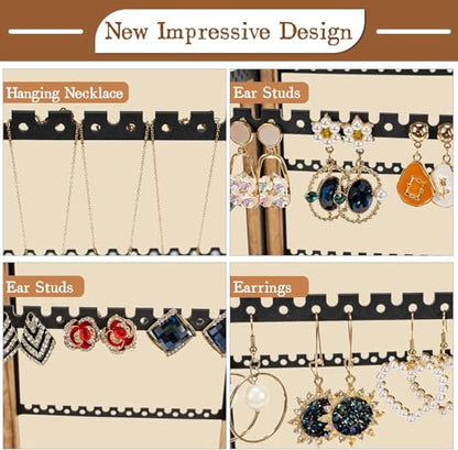 Emfogo 360 Earring Holder Organizer, Rustic Wood Earring Stand, Rotating Wooden Display, 4 Tiers Earring Organizer Stand for Stud Earrings, Hoop Earrings & Necklaces, Women Gifts - color: Brown