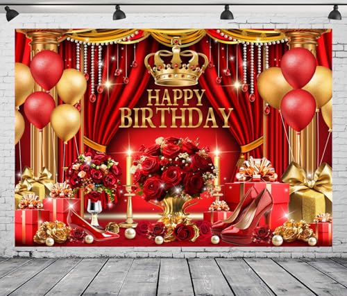 Red and Gold Birthday Backdrop for Happy Birthday Party Decorations, Luxury Red Curtains Classic Red Gold Chair King Throne Photography Background, Elegant Party Banner for Girls 5x3ft - size: 5x3FT