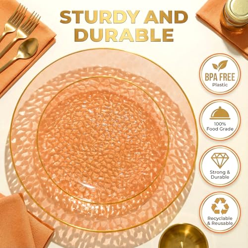 I00000 150Pcs Clear Orange Plastic Plates with Gold Rim,Orange Disposable Plastic Plates,Gold hammer patterned Disposable plates Set include 30 Dinner Plate,30 Dessert Plate,90 Silverware Set - color: Clear Orange