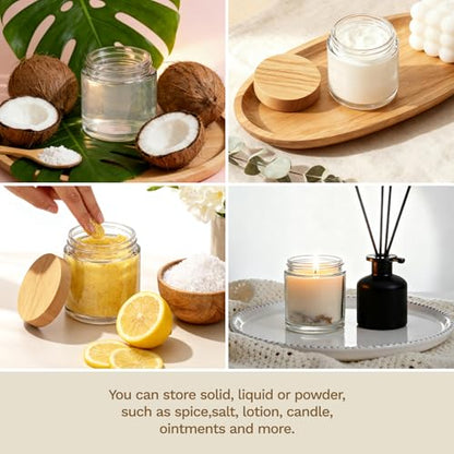 36Pcs 4 oz Small Glass Jars with Lids, Bumobum Clear Cosmetic Jars with Plastic Woodgrain Lids, 120ml Refillable Empty Containers for Cream, Salve, Powders and Lotion Storage - color: 4oz-36pack