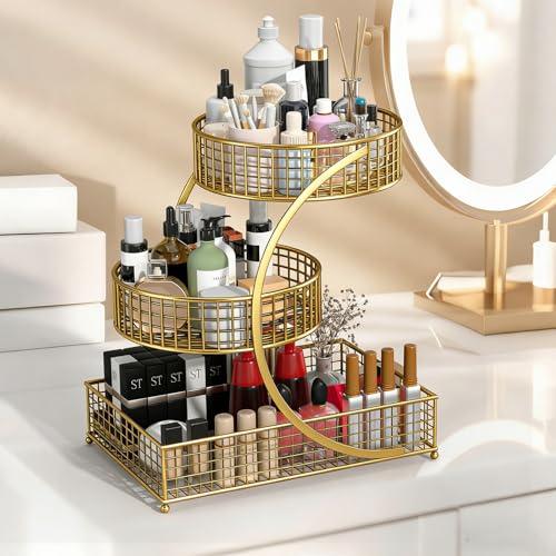 BCWW 3 Tiers Makeup Organizer Countertop Multi Bathroom Counter Organizer Metal Fruit Basket Perfume Skincare Organizers Holder for Vanities, Cabinet, Cosmetic, Dresser Organizer (Gold) - color: Gold
