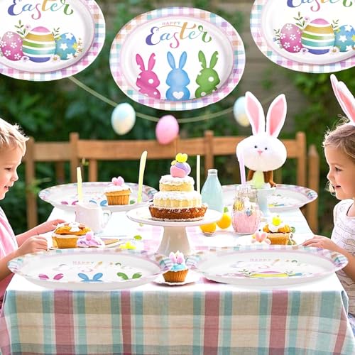 50 Pcs Easter Oval Paper Plates 10" x 12" Large Easter Bunny Egg Plates Heavy Duty Disposable Easter Rabbit Dinner Plates Colorful Plaid Platters for Spring Holiday Baby Shower Birthday Party Supplies - style: 50Pcs Easter Bunny Egg Oval Plates