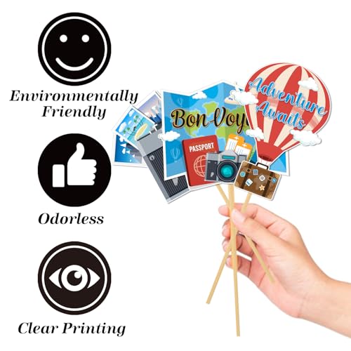 Travel Photo Booth Props,14 Pcs Let The Adventure Begin Travel Theme with Airplane Cameras Compass - Bon Voyage for Journey Birthday Baby Shower Party Decorations
