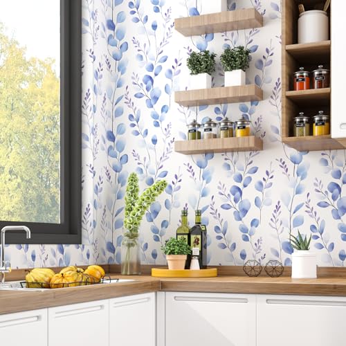 Boho Blue Leaf Peelable Wallpaper, Botanical Small Leaf Floral Natural Self Adhesive Removable Wallpapers for Bedroom Kitchen Drawer, Vinyl Casual theme Contact Paper 17.5In x 118In White Blue - color: White/Pale Blue, size: 17.5" x 118"