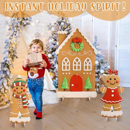 Soulchen 3 Pcs 39.4 Inch Gingerbread Backdrop Cardboard Cutout Gingerbread Man House Christmas Photo Booth Props Background Stand up Christmas Party Decorations Games for Party Supplies - style: Gingerbread Man