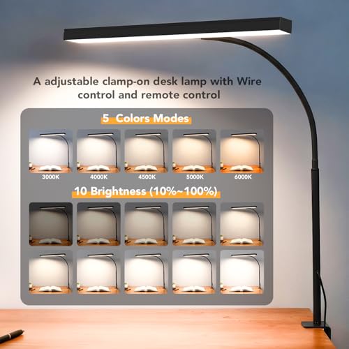 LED Desk Lamp for Office Home, Eye- caring Lamp with 10 Meter Remote Control Function, 5 Modes 10 Brightness Adjustable Desk Light Flexible Gooseneek Clip - on Light for Studying, Workbench (black) - color: T-shaped-Black