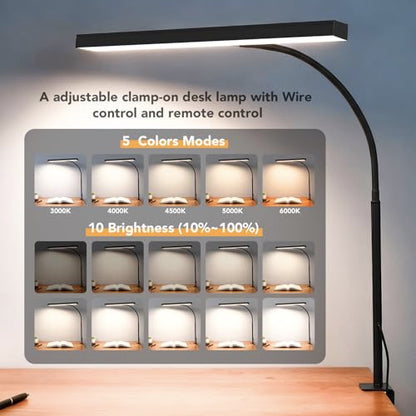 LED Desk Lamp for Office Home, Eye- caring Lamp with 10 Meter Remote Control Function, 5 Modes 10 Brightness Adjustable Desk Light Flexible Gooseneek Clip - on Light for Studying, Workbench (black) - color: T-shaped-Black