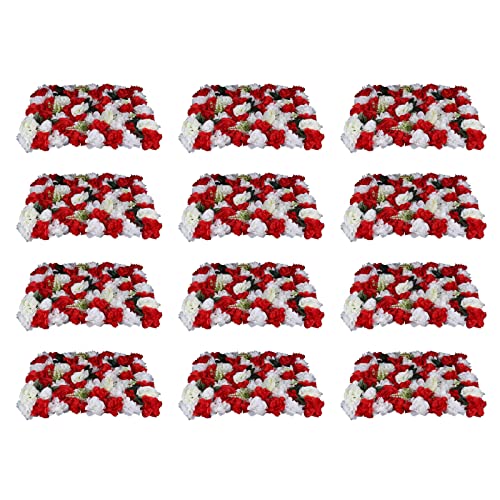 LOYALHEARTDY 12 Pack Artificial Flower Wall Panels 16 x 24 Flower Wall Mat Silk Rose Hydrangea Flower Panels for Backdrop Event Party Wedding Wall Decoration - color: 12 Pcs, Red+white