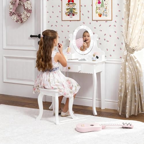 Spirich Kids Vanity, Girls Vanity Set with Mirror and Stool and Lights, Kids Vanity Table and Chair Set,Wooden Princess Makeup Desk Dressing Table - size: Round Shape With Led Blubs