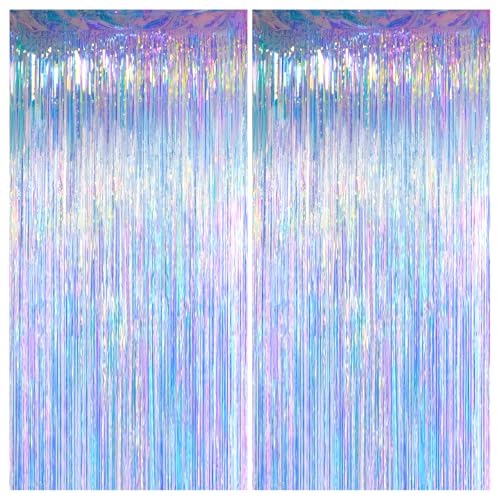 Melsan Iridescent Party Decorations Backdrop - Holographic Tinsel Foil Fringe Curtain for Frozen Mermaid Ocean Princess Birthday Parties Decor - 2 Packs,3.2 x 6.56 ft - color: Iridescent, size: 3.2 x 6.56 ft