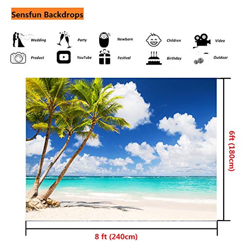 Sensfun 8x6ft Beach Scene Photo Backdrop Blue Sky Coconut Palm Trees on White Sandy Beach Photography Background for Hawaii Summer Birthday Luau Party Photobooth Banner Baby Photo Studio Props(WP128) - color: WP128, size: 8x6ft