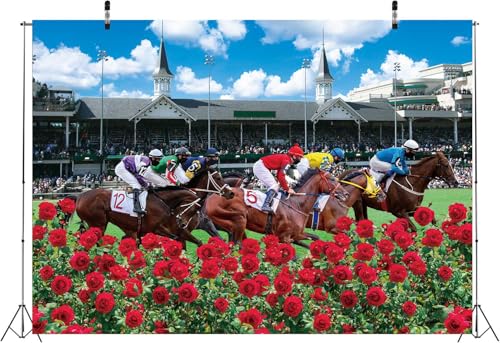 Kentucky Derby Backdrop Red Rose Garden Racecourse Photography Background Horse Racing Run for The Roses Banner Kentucky Derby Party Decorations Supplies (8x6FT: 96x72 inch) - size: 8x6FT: 96x72 inch
