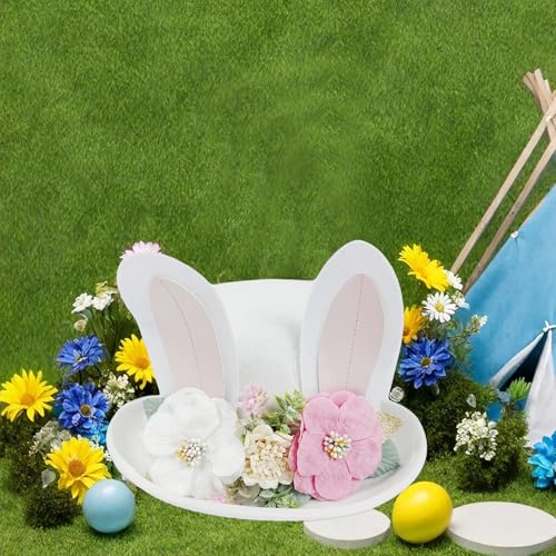 Cute Easter Bunny Ear Top Hat for Adults Rabbit Ears Cosplay Bucket Hat with Artificial Flower Costume Accessory - color: White