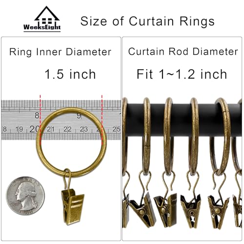 WeeksEight 100 Pack Bronze Curtain Rings with Clips, Curtain Hooks Hangers Clip Rings for Hanging Drapes Bows Hat, Drapery Rings 1.5 in I D, Fits up to 1.2 in Diameter Curtain Rod. - color: Bronze, size: 1.5" I D Set of 100
