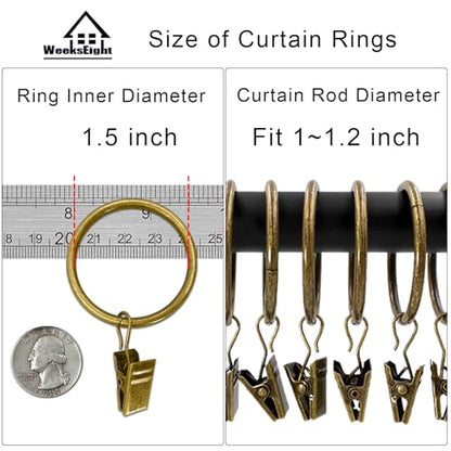 WeeksEight 100 Pack Bronze Curtain Rings with Clips, Curtain Hooks Hangers Clip Rings for Hanging Drapes Bows Hat, Drapery Rings 1.5 in I D, Fits up to 1.2 in Diameter Curtain Rod. - color: Bronze, size: 1.5" I D Set of 100