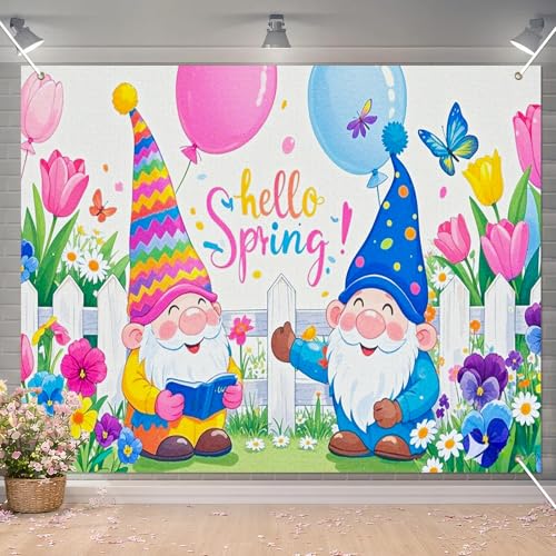 BlissYard 8x6ft Spring Gnome Garden Backdrop Hello Spring Photo Background Colorful Floral Party Banner Cute Cartoon Scene for Easter Baby Shower Birthday Classroom Event Photography Decoration - color: Hello Spring Backdrop#01