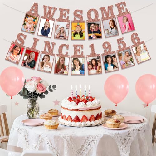 Pre-strung Awesome Since 1956 Photo Banner Birthday Decorations for Women- Pink Rose Gold Glitter 70th Birthday and Anniversary Decorations Party Supplies - style: Pink Rose Gold 70th