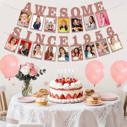Pre-strung Awesome Since 1956 Photo Banner Birthday Decorations for Women- Pink Rose Gold Glitter 70th Birthday and Anniversary Decorations Party Supplies - style: Pink Rose Gold 70th