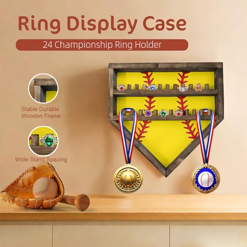 Baseball Softball Basketball Ring Holder - 24 Ring Post Wooden Display Case for Sports Medals - Wall Mount (Yellow) - color: Yellow