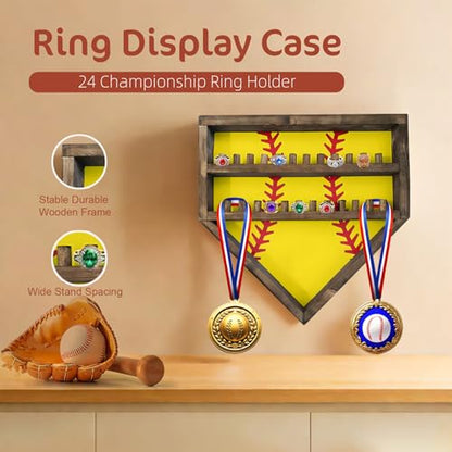 Baseball Softball Basketball Ring Holder - 24 Ring Post Wooden Display Case for Sports Medals - Wall Mount (Yellow) - color: Yellow
