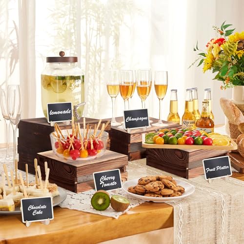 8 Pcs Buffet Risers with Mini Signs, Rustic Wood Cake Stands, Food Risers for Buffet Table, Dessert Display Stand, Wood Crates, Rustic Cake Stand for Party, Wedding, Birthday, Baby Shower, 4 Sizes - color: Rustic Wood, size: 8 Pcs (8.0", 7.0", 6.5", 5.5")