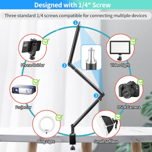 Heavy Duty Overhead Camera Desk Mount Stand 14.5"-41" with 1/4" Screw, 3-Section 360°Rotatable Detachable Articulating Boom Arm with Enlarged Handle C Clamp, Tabletop Light Stand for Streaming Vlog - color: DTMS05