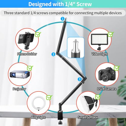 Heavy Duty Overhead Camera Desk Mount Stand 14.5"-41" with 1/4" Screw, 3-Section 360°Rotatable Detachable Articulating Boom Arm with Enlarged Handle C Clamp, Tabletop Light Stand for Streaming Vlog - color: DTMS05