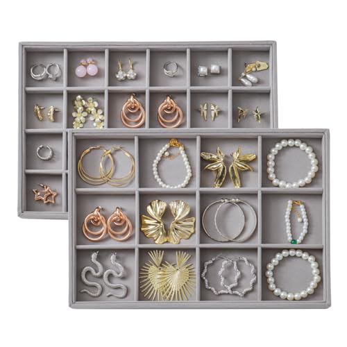 Large Velvet Jewelry Tray 2 Pack Stackable Jewelry Display Drawer Inserts Trays Organizer for Earring Bracelet Necklace Ring (Gray, 12 Grids+24 Grids) - color: Gray, size: 12 Grids+24 Grids