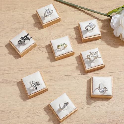 16 Pcs Single Ring Display Stand, Velvet Ring Holder Display for Jewelry Showcase, Wood Base with Beige Velvet for Retail Stores and Trade Shows (Beige)
