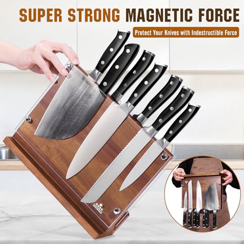 ENOKING Magnetic Knife Block with Acrylic Shield 12 x 9 Inches, Double Side Kitchen Knife Holder without Knives- Acacia Wood Universal Knife Storage Organizer with Powerful Magnet for Kitchen Counter - size: 12*9 inches