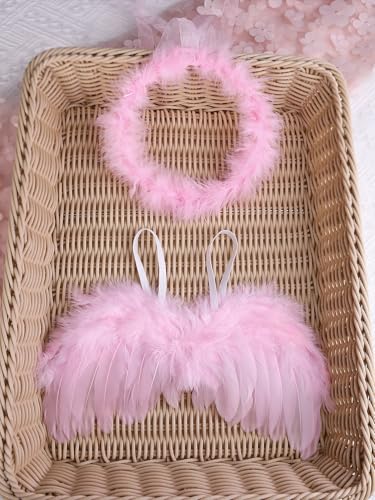Holibeat 0-6M Newborn Baby Angel Wings with Feathers Newborn Photography Posing Props with a Headband (pink1) - color: pink1