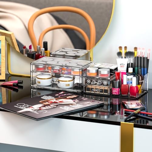 SUOXING Clear Acrylic Makeup Organizer for Vanity,Bathroom,Dresser,4 Drawer Make up Organizers for Counter,Plastic Countertop Makeup Storage for Beauty,Hair Accessory,Brush,Cosmetic,Skincare Organizer - size: 4 Drawers