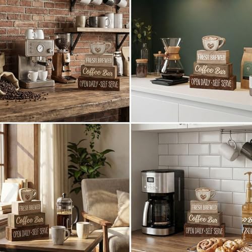 Moucuny 4 Pcs Farmhouse Coffee Bar Signs Decor Wooden Cup Rise & Shine It's Coffee Time Rustic Wood Cafe Sign Gift for Home Kitchen Tabletop Decor - style: Coffee Bar Coffee Bar