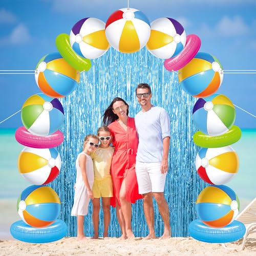 Beach Ball Party Porch Banner with Blue Foil Fringe Curtains Beach Ball Photo Booth Props Background Summer Door Entryway Decorations for Hawaii Tropical Birthday Party Supplies
