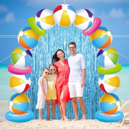 Beach Ball Party Porch Banner with Blue Foil Fringe Curtains Beach Ball Photo Booth Props Background Summer Door Entryway Decorations for Hawaii Tropical Birthday Party Supplies