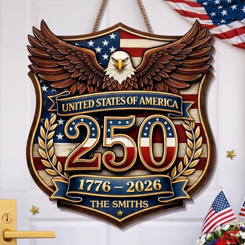 Personalized 250th Anniversary Patriotic Wood Wreath Door Sign 1776-2026, Custom Family Name Round Door Hanger, Independence Decor, Decoration Gifts, Gift For Mom, Dad, Brother, Family /2 - color: Design 02