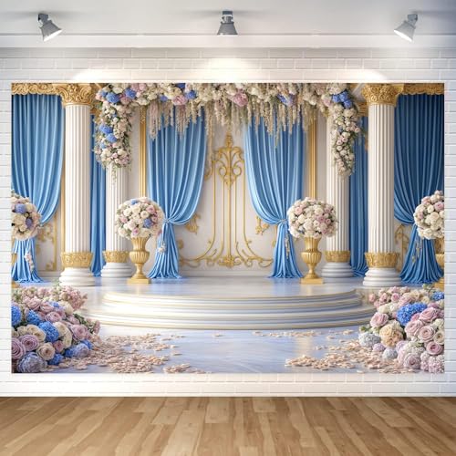 6X4ft Luxurious Blue and White Floral Backdrop for Photography Castle Palace Wedding Party Decortion Elegant Flowers Backdrop Wedding Birthday Party Decorations Bridal Shower Backdrops Studio Props - color: Blue and White, size: 6X4FT