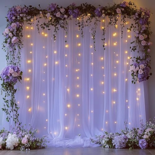 Lavender Tulle Backdrop Curtain with Lights - 10x8ft Sheer Backdrop with 250 LEDs for Wedding, Baby Shower, Bridal Shower, Birthday Party Photo Shoot Background and Home Decorations - color: Lavender, size: 10 x 8 Feet
