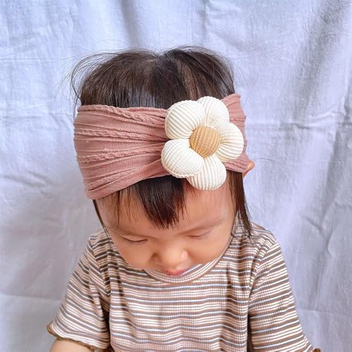 CÉLLOT 3 Pcs Baby Girl Headbands with Flower Nylon Headbands Soft Stretchy Headwear Hair Accessories for Newborn Infant Toddler Kids (Pink Beige Salmon) - color: Beige+Purple+Pink