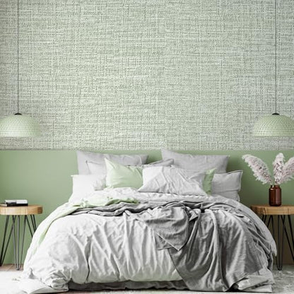 Green Grasscloth Peel and Stick Wallpaper 17.3"x1200" Faux Linen Textured Contact Paper Removable Self Adhesive Vinyl Wallpaper for Bedroom Bathroom Kitchen Cabinets - color: Green, size: 17.3" x 1200"