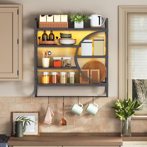 HOOBRO Gaming Floating Shelf with LED Lights, 28.9" LED Wall Mounted Shelf, 5-Tier Display Rack for Wall Storage, Floating Rack with Hanging Rod and 4 S-Hooks, Rustic Brown and Black BF50DBJ01 - color: Rustic Brown + Black