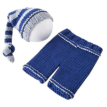 Newborn Baby Photo Shoot Props Girl Boy Crochet Knit Hat Costume Stripe Hat Pants Overalls Photography Props - color: Multicolor