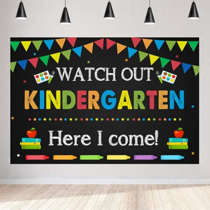 Kindergarten Graduation Backdrop 6x4ft Back to School Banner Watch Out Here I Come First Day of School Preschool Kids Classroom Party Decoration Supplies Banner Photo Booth Studio Prop - size: 5x3