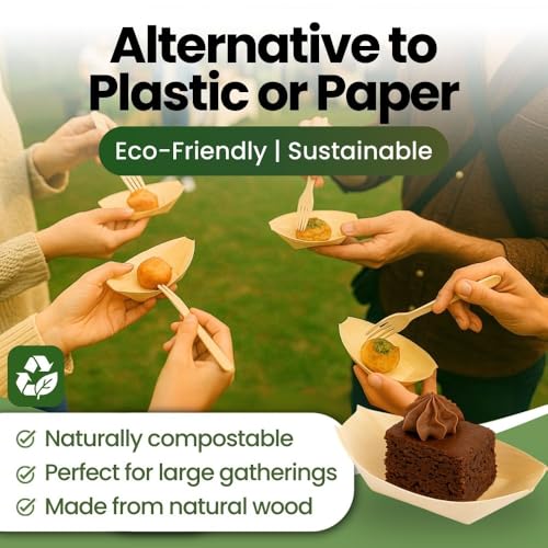 Dtocs Disposable Wooden Boat Plates 100 Pc – 80 mm Biodegradable Wood Serving Boats | Eco-Friendly Food Boats for Sushi, Desserts, Dips, Sauces | Alternate to Plastic, Bamboo, Paper Plates - size: 80mm-100 Pcs