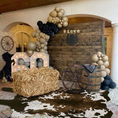 Hoteam 3 Pcs Western Cowboy Party Decor Straw Hay Bale Stack Wooden Wagon Wheel Cowhide Rug Wild West Cowboy Backdrop Supplies for Western Birthday Photo Booth Props Cowgirl Farm Accessories
