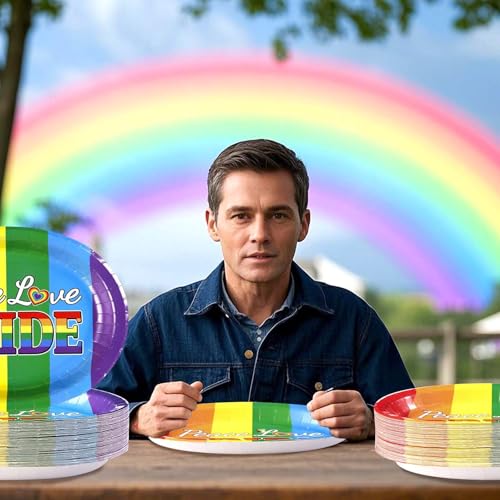 Grencian 50PCS Pride Oval Paper Plates 10" X 12" Disposable LGBT Paper Plates Heavy Duty Colorful Rainbow Stripes Gay Pride Tableware Dinnerware for LGBT Party Pride Month Decorations - style: 50Pcs Pride Oval Kit