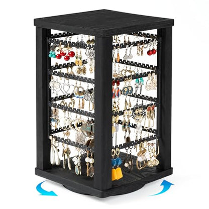 Emfogo 360 Earring Holder Organizer, Rustic Wood Earring Stand, Rotating Wooden Display, 4 Tiers Earring Organizer Stand for Stud Earrings, Hoop Earrings & Necklaces, Women Gifts - color: Black