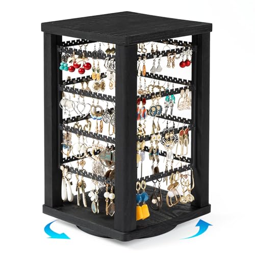 Emfogo 360 Earring Holder Organizer, Rustic Wood Earring Stand, Rotating Wooden Display, 4 Tiers Earring Organizer Stand for Stud Earrings, Hoop Earrings & Necklaces, Women Gifts - color: Black
